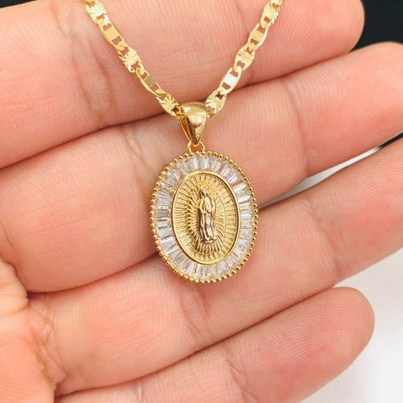 Virgen de Guadalupe Pendant Necklace CZ Stones for Womens Mens 22x17mm in Gold F - Picture 7 of 7